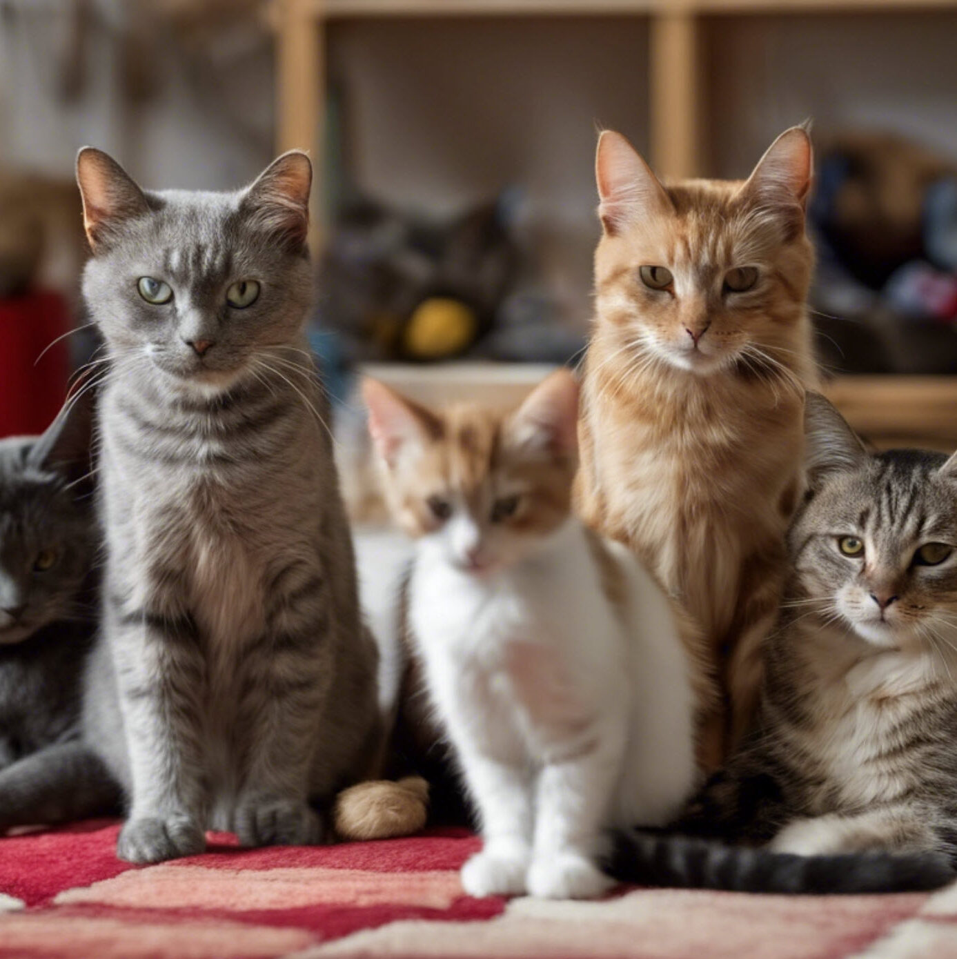 Gruppe_von_Katzen_vor_ Regal_AI